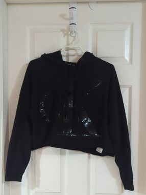 Calvin Klein Black Cropped Hoodie with Glossy CK Logo